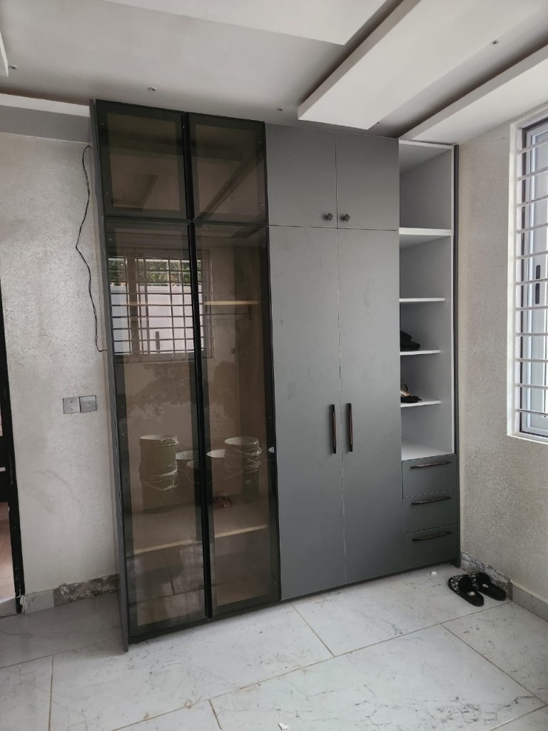 Charcoal wardrobe with glass doors and open shelving
